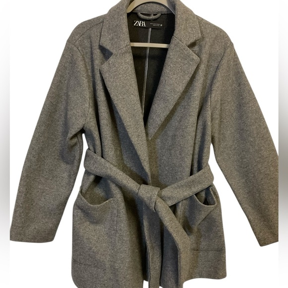 ZARA Gray Belted Coat Long Sleeve Pockets Size S - Picture 2 of 12